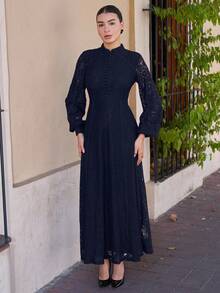 Andrea Bello 优雅春季女式长袖蕾丝酒红色连衣裙长款女装 - 藏蓝色 - 查看 5