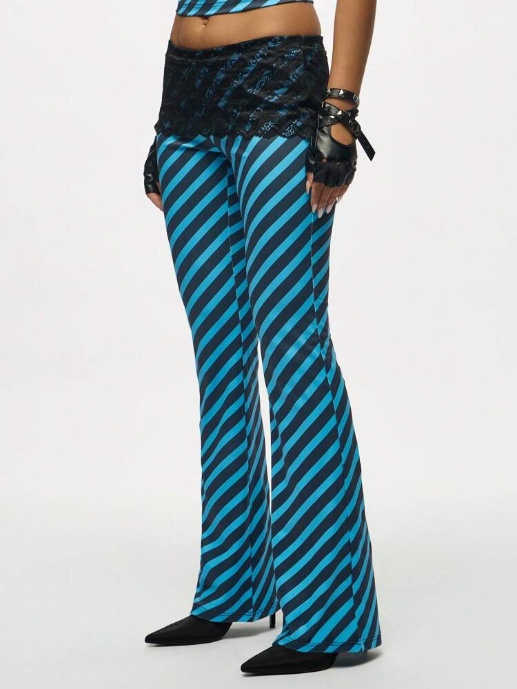 SUMWON WOMEN Diagonal Striped Wide Leg Pants With Lace Waistband