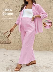 SHEIN 秋季服装，秋季服装，孕妇装秋季服装孕妇纽扣衬衫领上衣和可调节腰部阔腿裤宽松孕妇两件套孕妇装两件套纯棉两件套夏季裤子套装阔腿裤套装条纹孕妇裤套装女士夏季套装 - 粉色 - 查看 1