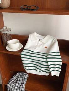 SHEIN 1 Piece Young Boy Leisure College Comfortable Fashion Simple Practical All-Match With Half Door Lapel Stripe Soft Comfortable Thick Warm Sweater Suitable For Outdoor Play Suitable For School Back To School Daily Suitable For School Suitable For Travel Suitable For Sports Suitable For Spring Autumn And Winter Fall