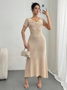 DAZY 3D Floral V-Neck Hollow Out Short Sleeve Dress, Unique Design Women Coverup - Khaki - View 5