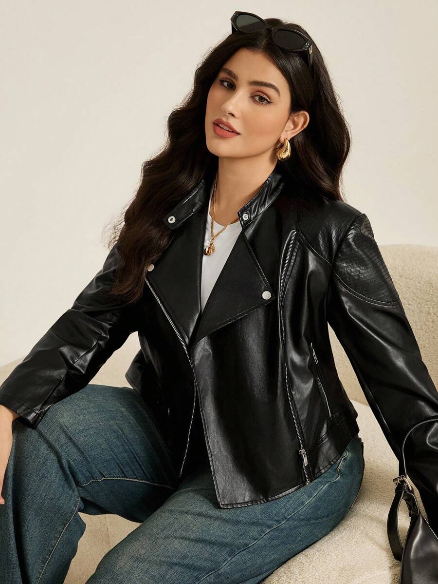 Auralis 大码女装秋冬时尚设计休闲宽松舒适日常百搭黑色PU皮摩托车夹克，秋季、街头风、Y2K、冬季、返校季、西部风女装、秋季外套、外出 - 黑色 - 查看 1