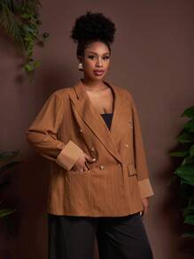 Veslaya 2025 Autumn/Winter New Large Women's/Autumn Women's/Return To School/School Clothing/Y2k/Street Style/Date Outing/Work/Office/Women's Airport Clothing/Party/Commuting/Elegant/Cocktail/Punk/Decadent/Valentine's Day/Commuting French Loose Brown Texture Fabric Flat Barge With Pocket Long Sleeve H-Shaped Double Row Buckle Fall