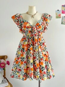 Soleia Colorful Printed Fabric Flutter Sleeve Cap Sleeve Bowknot Front A-Line Dress, Vacation Style, Spring/Summer - Multicolor - View 3