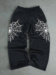 Manfinity EMRG Men's Wide Leg Sweatpants With Spider Pattern Print,Black And White,Summer,Streetwear,City Break,Y2k Loose Drawstring Waist Fashionable Street Wear - Black - View 3