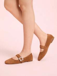 CUCCOO DOLLMOD Women's Fashion Charming Flat Loafers, Khaki Color, Faux Suede Material, Rhinestone Buckle, Square Toe, Commuting, Comfortable, Office, Street, Party, Travel, Vacation, Spring/Summer/Autumn - Khaki - View 4
