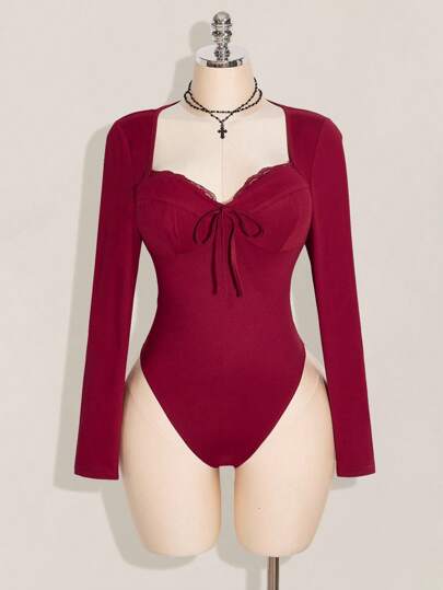 SHEIN ICON Plus Size Sweetheart Collar Lace Patchwork Long Sleeve Burgundy Knitted Bodysuit Burgundy Bodysuit