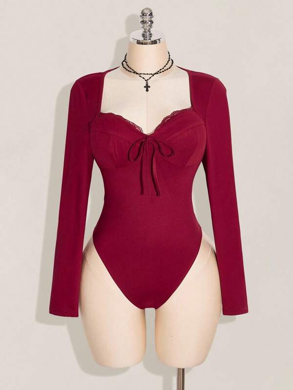 SHEIN ICON Plus Size Sweetheart Collar Lace Patchwork Long Sleeve Burgundy Knitted Bodysuit Burgundy Bodysuit