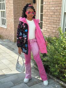 SHEIN Chaqueta acolchada de algodón con capucha, de forro polar, con estampado de grafiti, cintura con cordón y bolsillos cargo, versátil y casual para uso diario y escolar, para niñas preadolescentes, gruesa y cálida