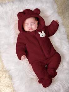 SHEIN Newborn Baby Girl Cute Pink Fluffy Cartoon Pattern Hooded Jacket And Elastic Waist Pants Set, Autumn/Winter Fall - Burgundy - View 7