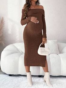 SHEIN 孕妇纯色罗纹露肩长袖合身侧开衩下摆优雅连衣裙 - 咖啡 - 查看 3