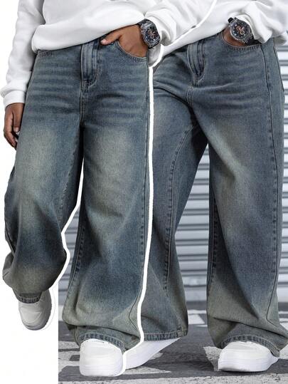 SHEIN Jeans rectos y sueltos con lavado de agua azul vintage, diseño casual de moda para adolescentes, disfraz genial para el Día de Acción de Gracias, uso diario y otoño/invierno