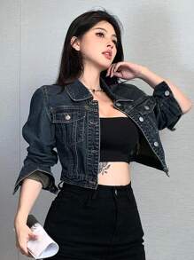 DAZY 女士休闲宽松牛仔夹克，大口袋，短款街头风格长袖外套，适合秋冬季 - 深色水洗藍 - 查看 2