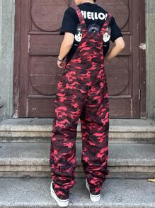 Manfinity Roghcode 男士迷彩图案口袋阔腿宽松休闲牛仔背带裤 - 紅色 - 查看 2