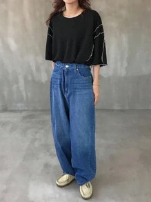 FRIFUL 女款寬鬆休閒對比色條紋圓領落肩上衣，百搭海灘穿搭長袖上衣 - 黑色 - 查看 7