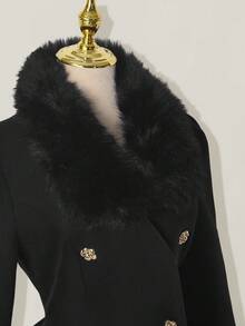 SHEIN ICON 女士优雅喇叭形人造毛皮拼布双排扣夹克，秋冬 - 黑色 - 查看 7