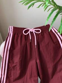 Comfortcana 女士松紧腰休闲宽松条纹运动裤 - 酒紅色 - 查看 3