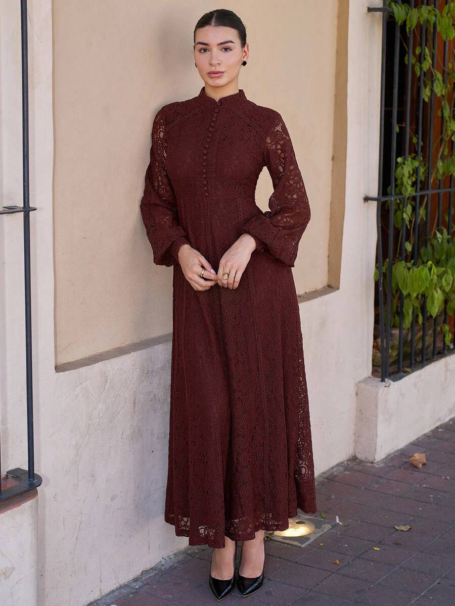 Andrea Bello Women's Long Sleeve Lace Burgundy Dress Maxi Women Outfit