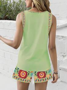 2pcs Women's Vintage Floral Print Camisole Set, Comfortable Leisure Flower Pattern Suitable For Casual Holiday, Spring/Summer - Green - View 2