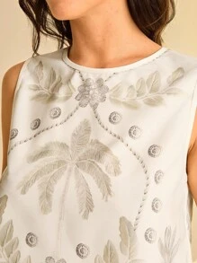 CAJUNI 女式杏色印花圆领无袖宽松短款印花衬衫，适合度假、约会、派对、夏季海滩