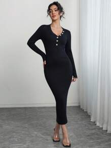 INAWLY Women's Elegant Minimalist Button Half-Placket Fitted Long Sleeve Sweater Dress Fall Winter Cloth For Women