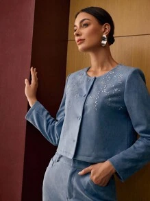 MOTF PREMIUM SUEDE RHINESTONE DETAIL BUTTON UP JACKET - Blue - View 6