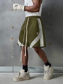 NEON BLANC Shorts de punto con cinta bordada con letras, moda callejera para hombres - Verde militar - Ver 3