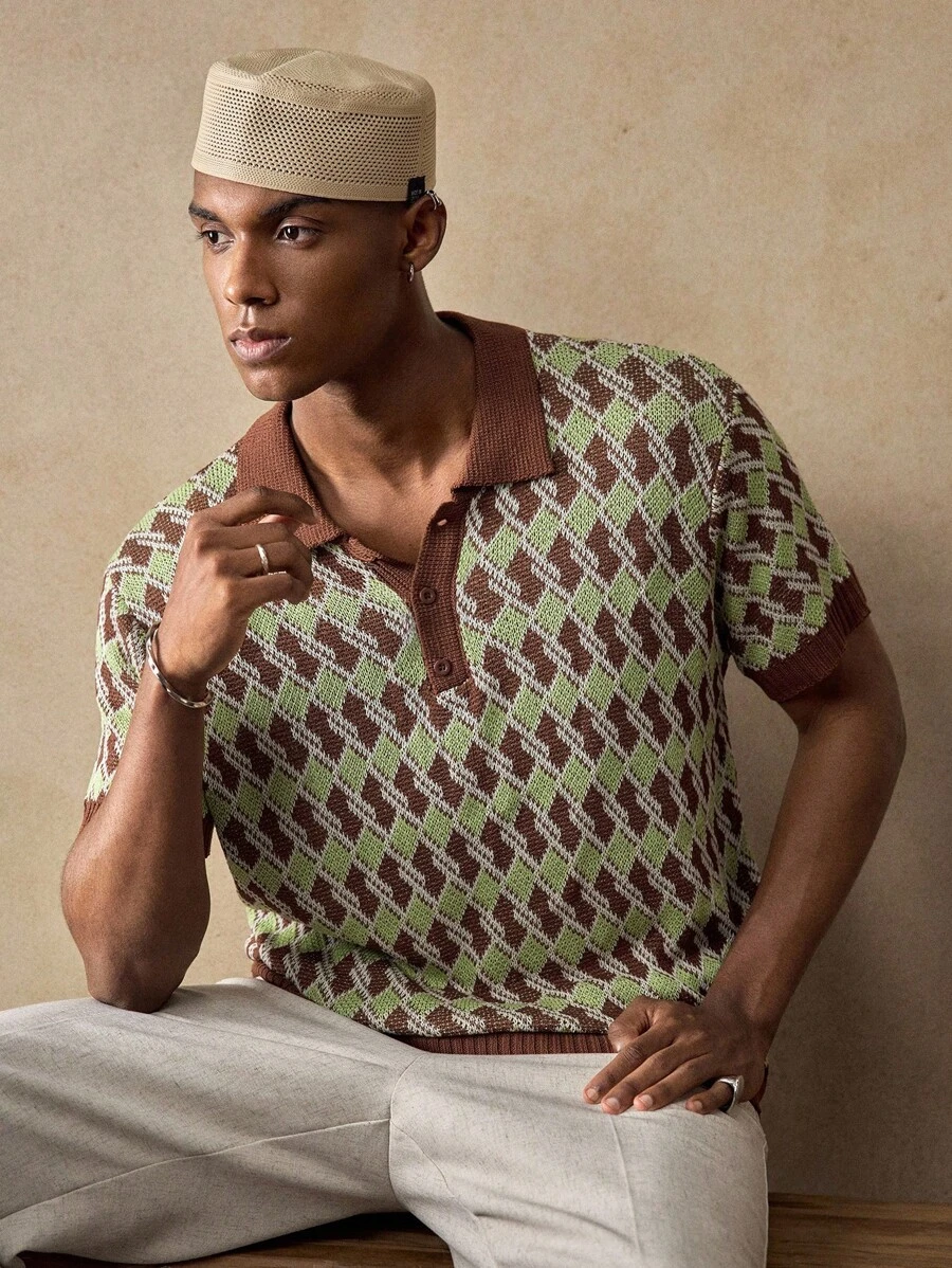 AKNOTIC 复古拼色男士休闲针织毛衣 - 彩色 - 查看 1