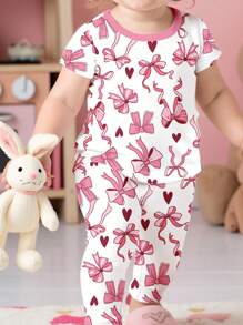 SHEIN Happikins Baby Girl Casual Minimalist Butterfly & Heart Printed Snug Fit Crew Neck Short Sleeve Top & Pants Homewear Set, Suitable For Summer