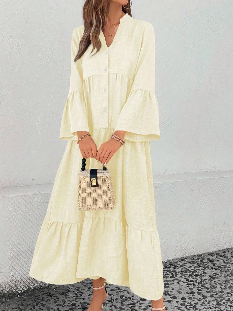 SHEIN LUNE Women's Notched Neck Single-Breasted Long Sleeve Casual Dress Maxi Women Outfit Fall Cloth For Women - Butter Yellow - View 1