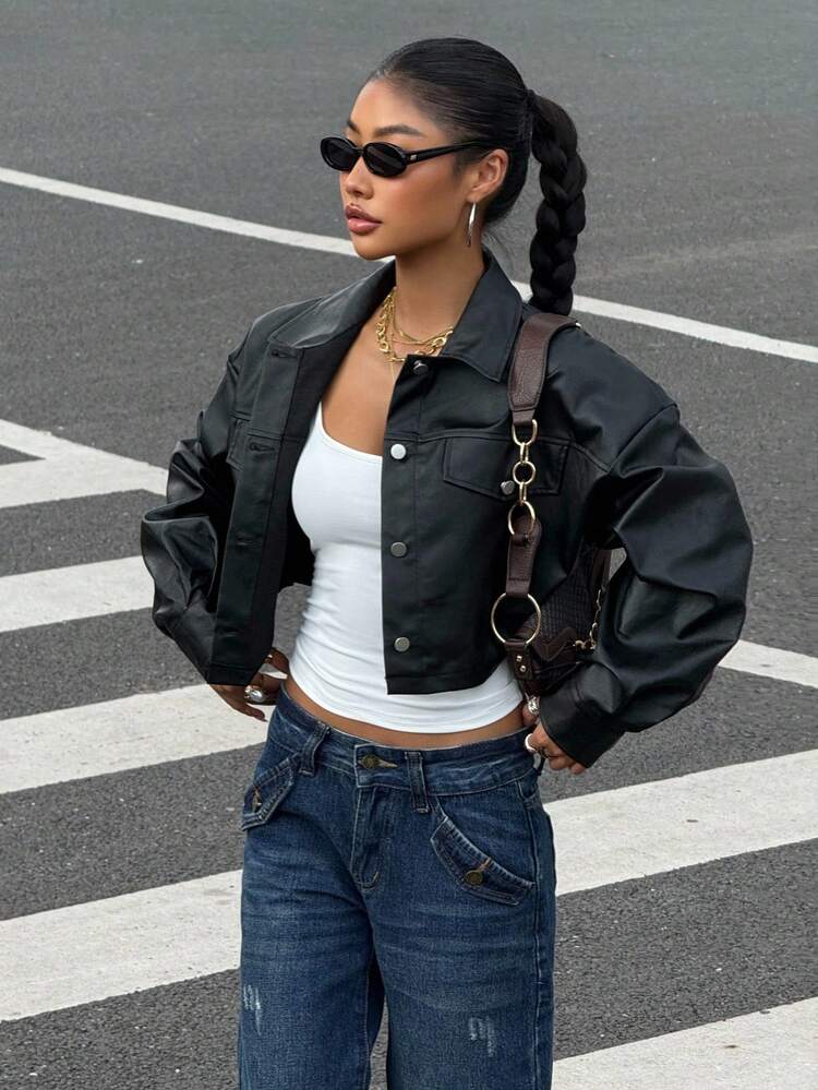 Muchica Vêtements d'automne pour femmes, veste courte en PU à épaules tombantes avec détail de rabat, veste décontractée pour femmes à boutons, col à épaules tombantes, coupe régulière, couleur unie, convient pour un port quotidien