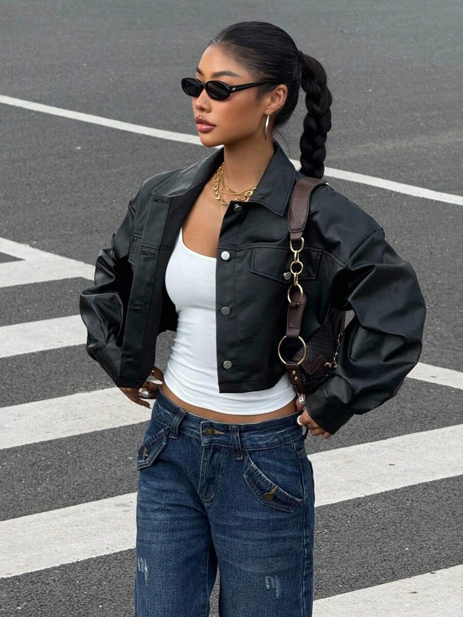 Muchica Fall Clothes Women, Flap Detail Drop Shoulder Crop PU Leather Jacket,Casual Button Drop Shoulder Collar Regular Fit Solid Color Women Jackets, Suitable For Daily Wear