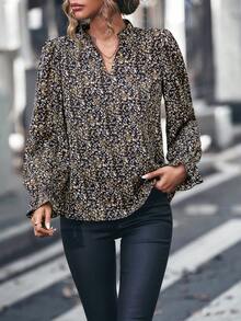 Calvaya 女士V领常规肩长袖碎花休闲宽松衬衫 - 咖啡棕 - 查看 3