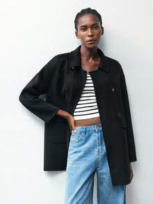 Maija Wool Material Women's Solid Color Lapel NeckLong Sleeve Double-Breasted Casual Overcoat Modern Urban Casual Fashion Business Casual Women's Office Wear Low-Key Old Money Style Effortless Temperament High-End Urban Commuting High-Quality Airport Women's Wear High-End Material In Fall/Winter Low-Key And Durable Basic Style, All-Match And Suitable For Everyone, Street Fashion Wear, Coffee Shop Wear, Relaxed Wear All-Season - Black - View 11