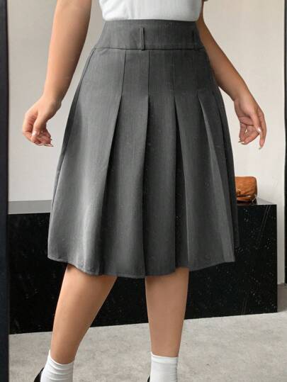 Dazy Plus 大码女式纯色百褶A字及膝半身裙，学院风秋季款