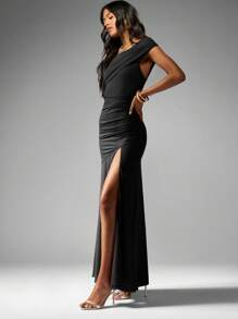 MISSGUIDED Evening Formal One Shoulder Floor Length Maxi Dress With Ruched Detailing High Slit Party Wedding Guest Bridesmaids Gown Mermaid Silhouette - Black - View 6