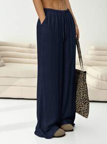 Solflare Plus Size Women's Solid Color Drawstring Waist Casual Versatile Everyday Outing Long Pants Fall - Navy Blue - View 5