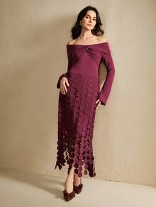 Anewsta 秋季新款女式酒红色露肩扭结长袖收腰荷叶边下摆连衣裙，优雅派对礼服，新年礼服，圣诞派对礼服 - 中紫紅色 - 查看 7