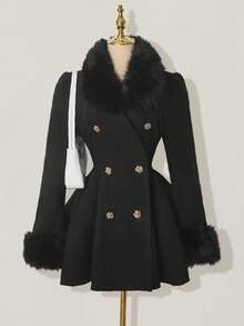 SHEIN ICON 女士优雅喇叭形人造毛皮拼布双排扣夹克，秋冬 - 黑色 - 查看 3