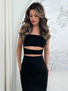 Jemour 女士性感露肩镂空紧身连衣裙长款女士服装 - 黑色 - 查看 6