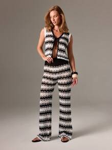 AiiRZ Knitted Wave Pattern Co-Ord Set Sleeveless Open Front Vest Wide Leg Pants Summer Resort Vacation Beach Pool Boho Bohemian Holiday Festival Fashion