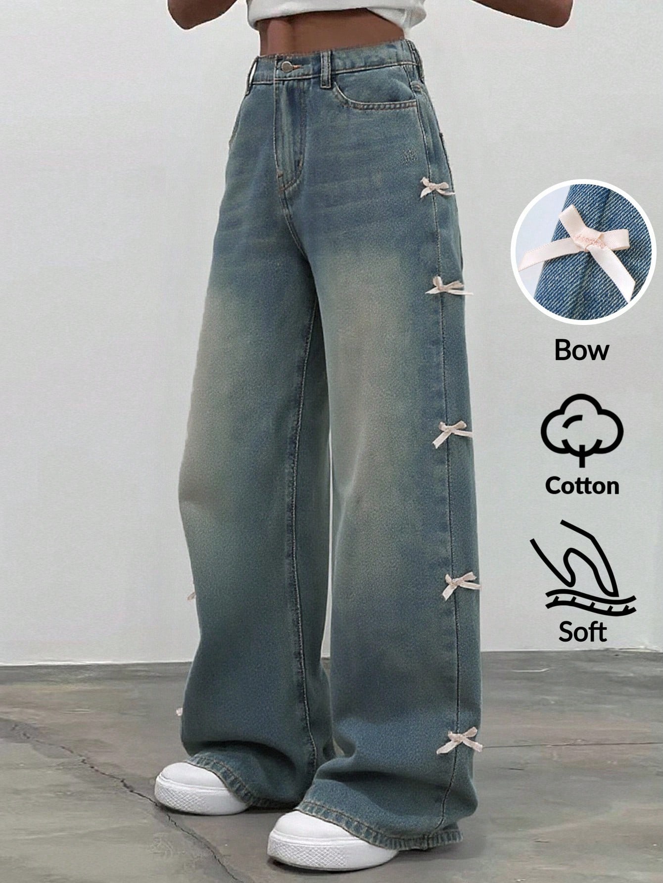 SHEIN بنطلون جينز ذو ساق واسعة لفتيات المراهقات، ت...