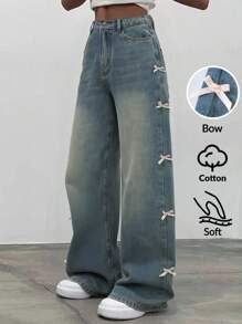 SHEIN Tween Girl Y2K Fashion Wide Leg Jeans, Side Bow Decor Design, Loose Denim Pants, Autumn Back To School Street Style, Music Festival, Holiday Casual Wear, Street Fashion, Casual Everyday Denim Fall Winter Jeans - Light Wash - View 1