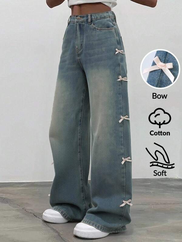 SHEIN Tween Girls' Y2K Fashion Wide Leg Jeans, Side Bow Decor Design, Loose Straight Leg Denim Pants, Tween Girls Autumn Back To School Street Style Outfit, Music Festival, Holiday Casual Wear, Street Fashion, Casual Everyday Denim Fall Winter
