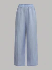 SHEIN Girlism 2 件套青少年女孩纯色拼布长袖休闲上衣和裤子套装，适合春秋冬季优雅休闲装 - 藍白色 - 查看 8