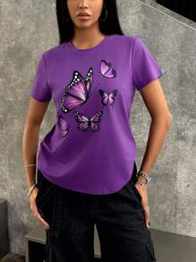 INAWLY 女士蝴蝶印花圆领短袖休闲上衣，适合日常穿着 - 紫色 - 查看 3
