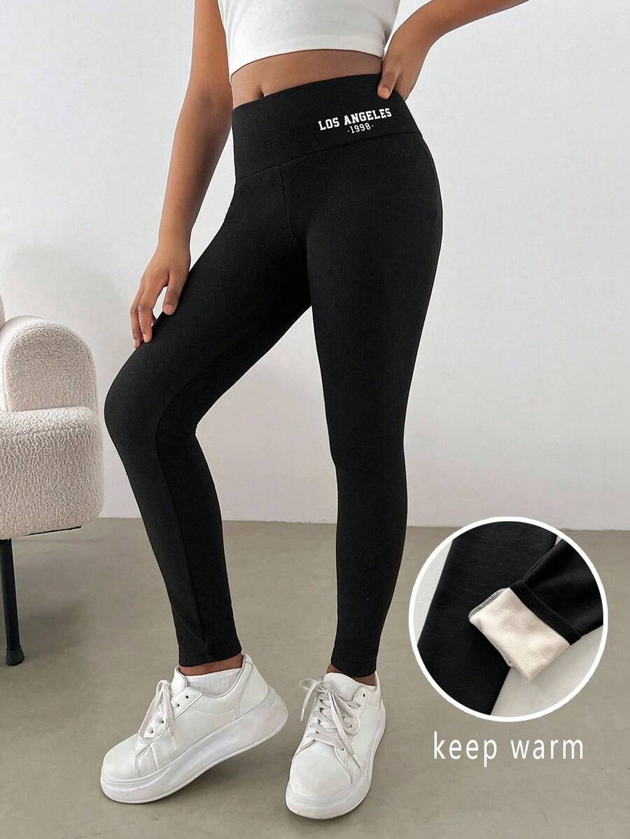 SHEIN 少女日常休闲保暖印花黑色打底裤,带内衬腰带,秋冬季保暖打底裤 - 黑色 - 查看 1