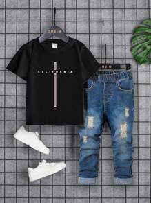 SHEIN 2 件套年轻男孩休闲简约字母和加州图案印花短袖圆领 T 恤和牛仔长裤套装，夏季 - 黑色 - 查看 3