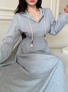 Modelyn 女式休闲连帽抽绳腰部修身灰色运动衫，秋冬 - 灰色 - 查看 4