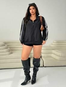 SHEIN EZwear 大码时尚百搭撞色条纹夹克 大码夹克 大码街头服饰 Y2k 大码夹克 大码运动夹克 大码秋冬外套 - 黑色 - 查看 5